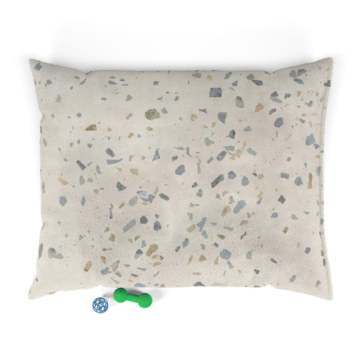 Large dog bed in Ultima Earl Grey terrazzo design with dog toys