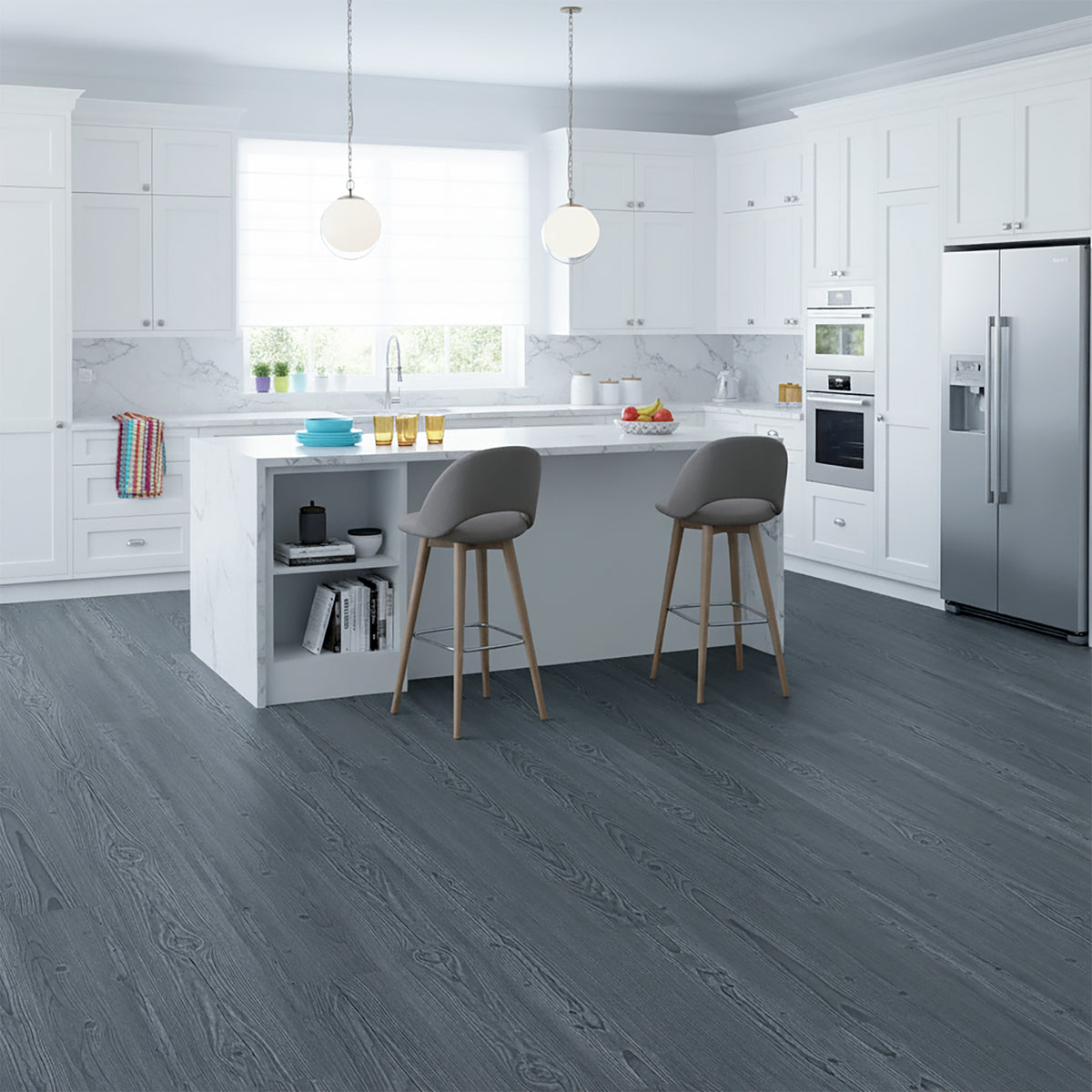 Modern kitchen with gray Allure LVP flooring, white cabinets, and stainless steel appliances.