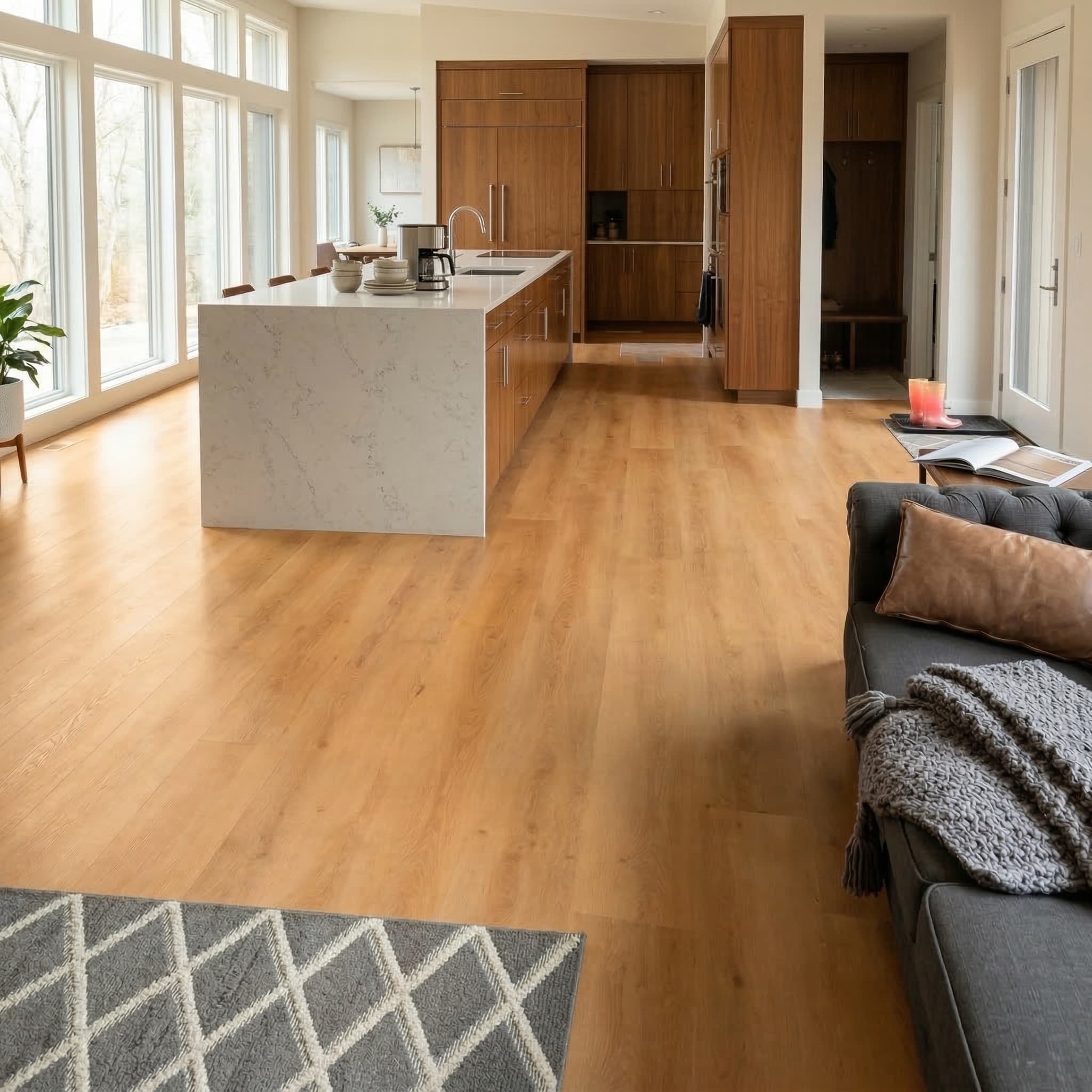 Modern kitchen and living room with wooden flooring, large windows, and wide plank vinyl floors.