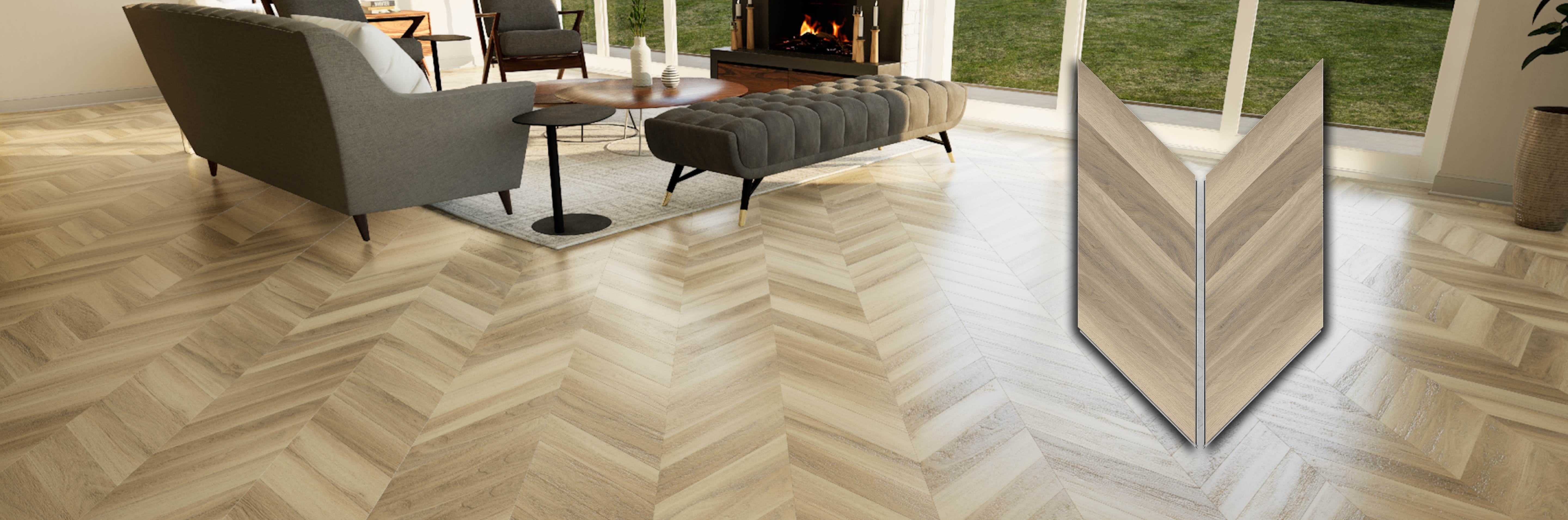 Allure Almond honey aspen chevron flooring in a modern living room with 2 shapes of the chevron tiles shown