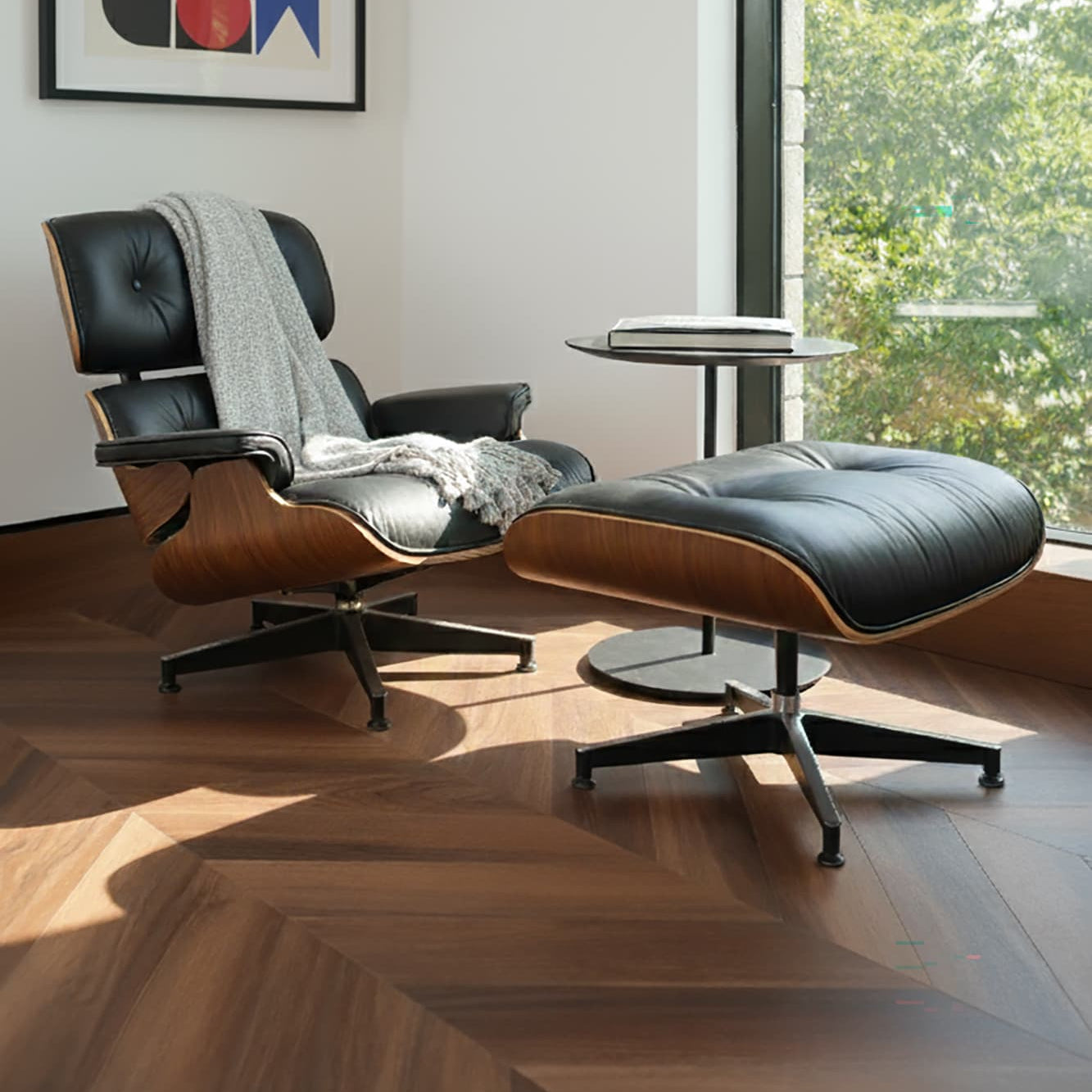 MCM chair on Allure isocore vinyl flooring in chevron pattern with abstract wall art