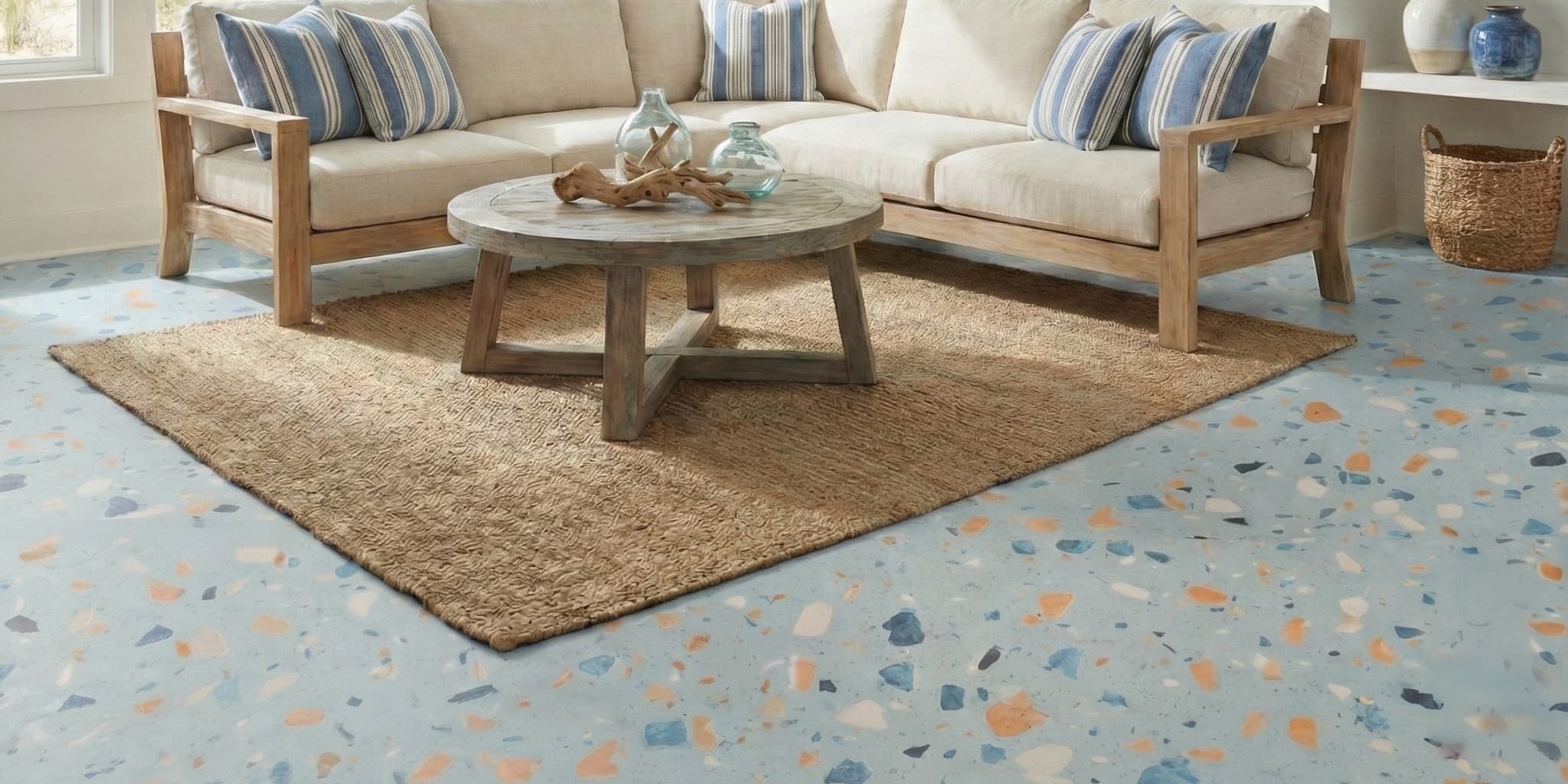 Beach house living room with a sectional sofa, coffee table, and decorative items on Allure blue agave terrazzo LVT flooring