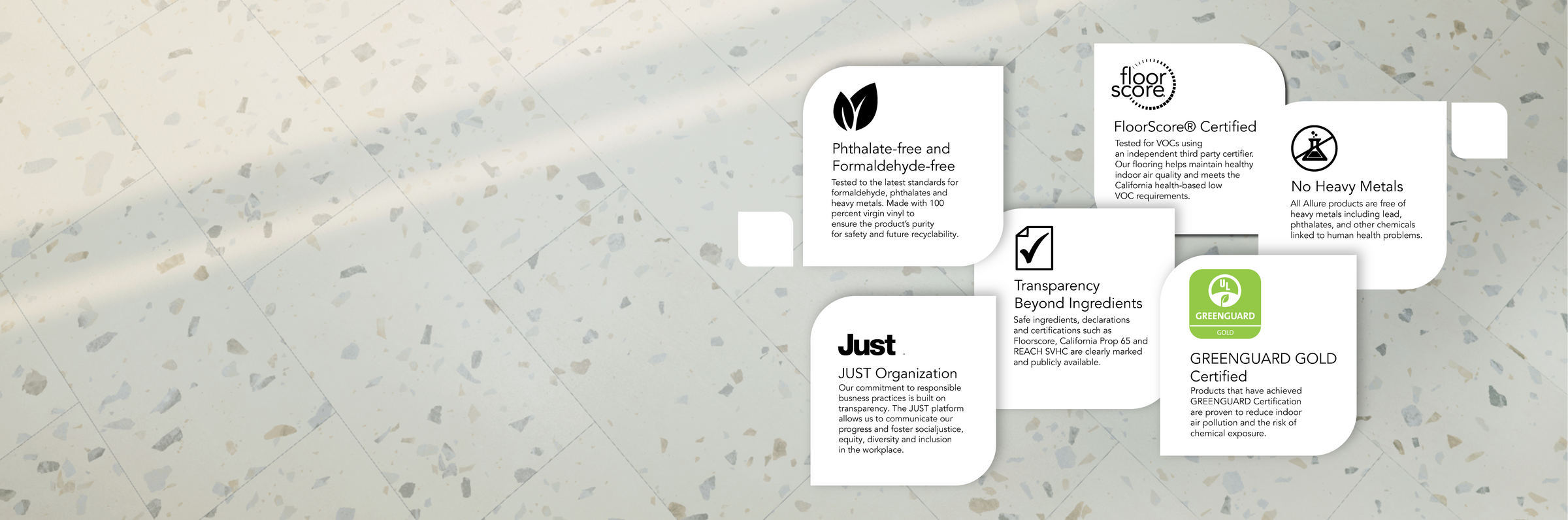Flooring certification logos on top of an Allure terrazzo vinyl floor