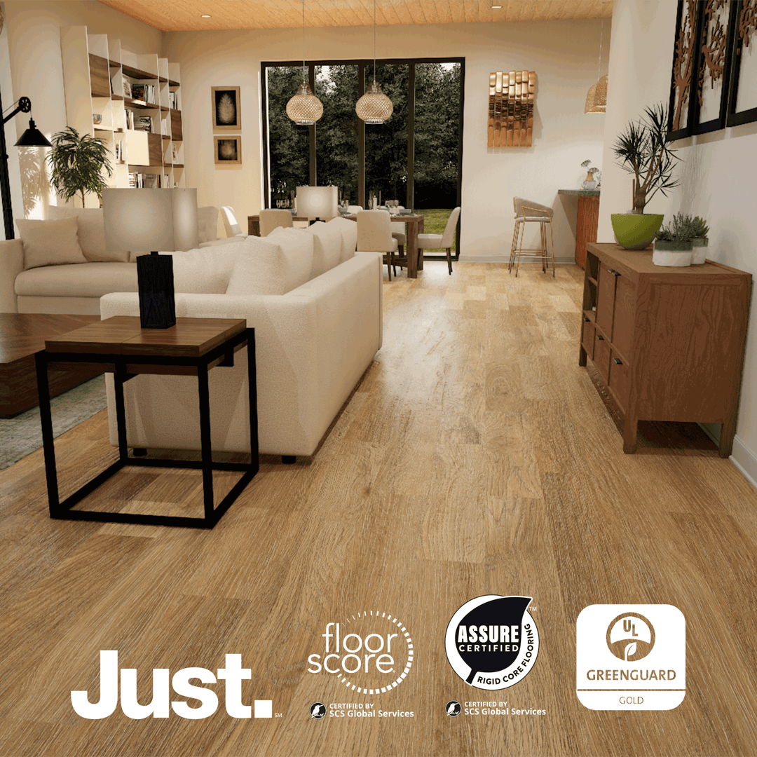 A contemporary living room with vinyl flooring and certification logos