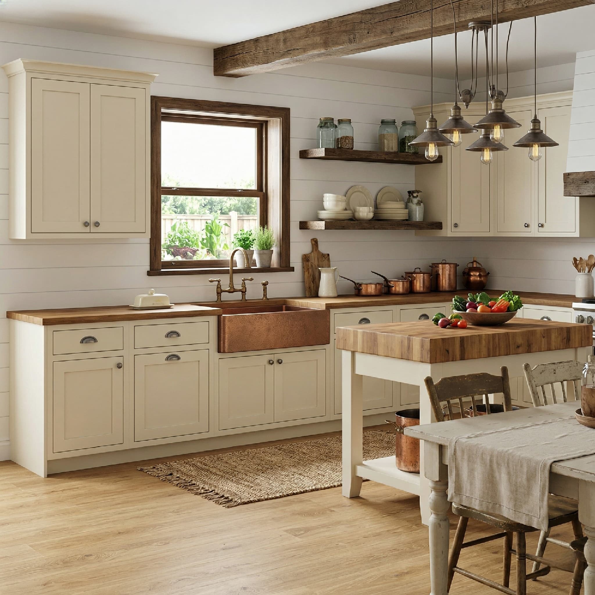 Modern kitchen with wooden countertops, white cabinets, and a dining area