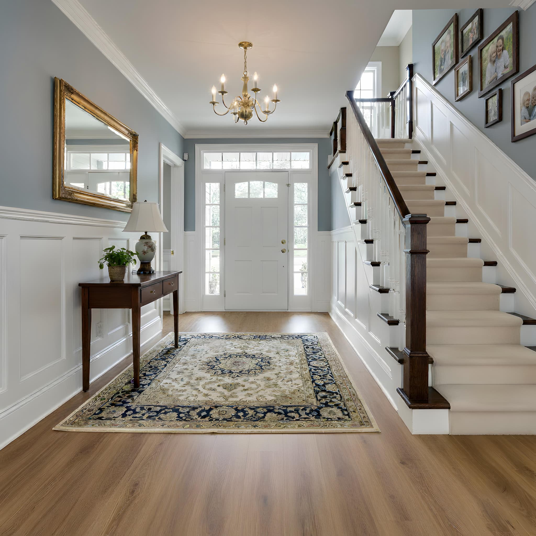 Staircase and hallway with a rug, console table, framed pictures and Allure Contemporary Oak Mocha LVP flooring.