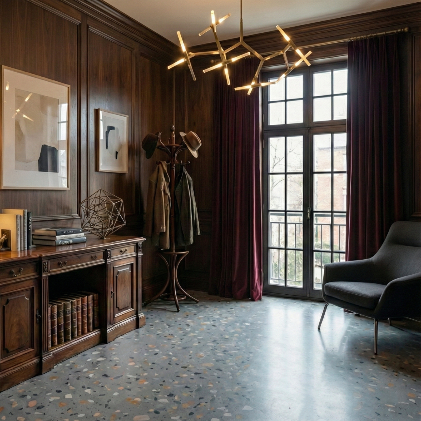 Allure Peach Pebble Terrazzo flooring in dark wood study