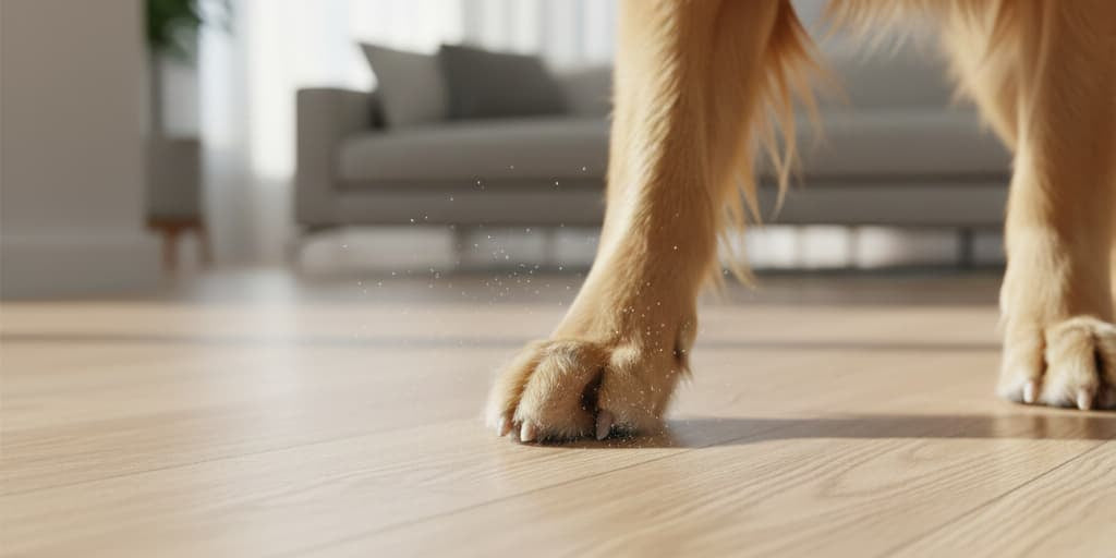 Dog's paw on a vinyl floor with a blurred living room background