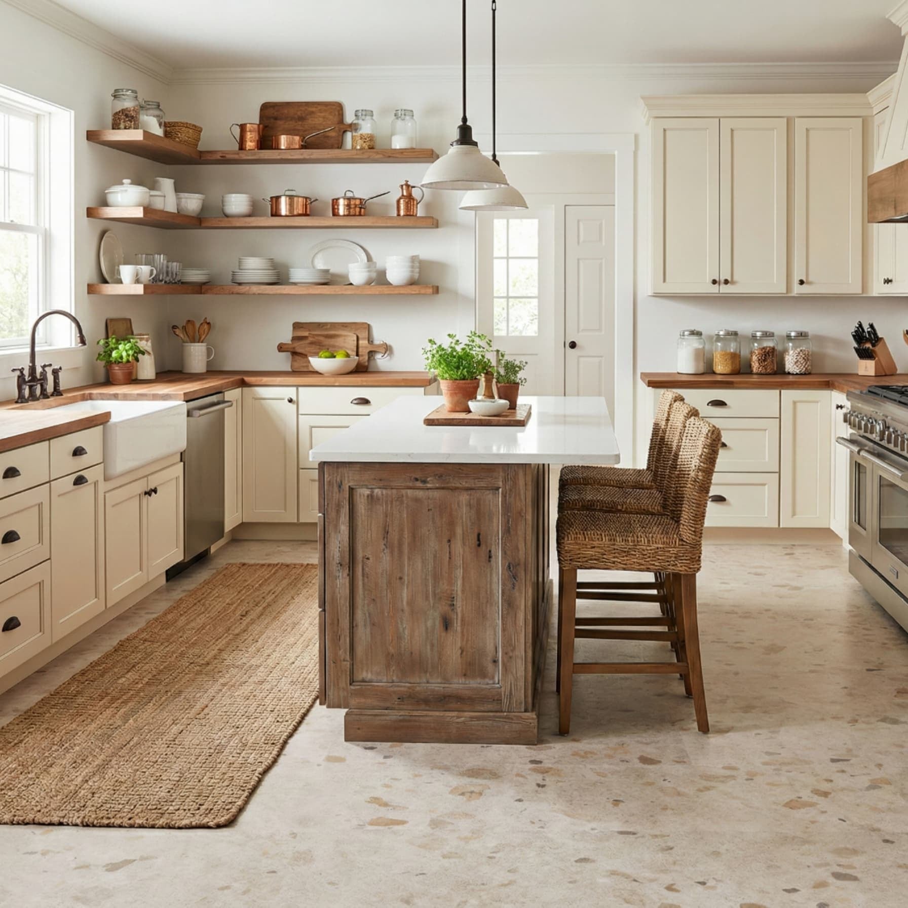Farmhouse kitchen with Allure Colada Concrete terrazzo vinyl tile flooring