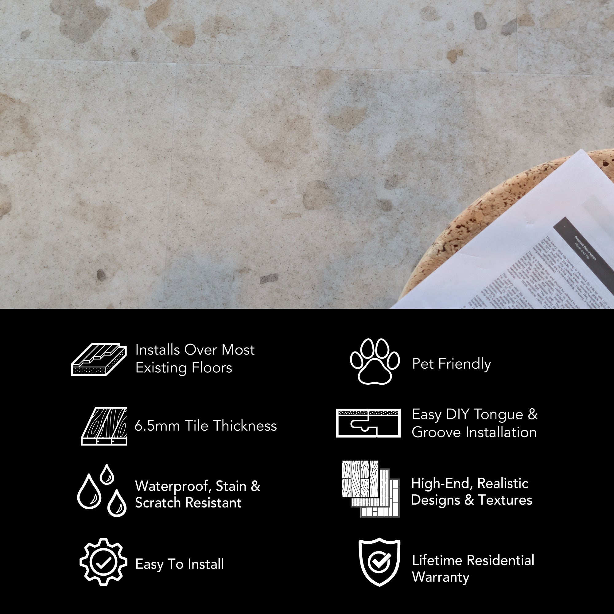 ALLURE Colada Concrete terrazzo tile flooring infographic with features and benefits