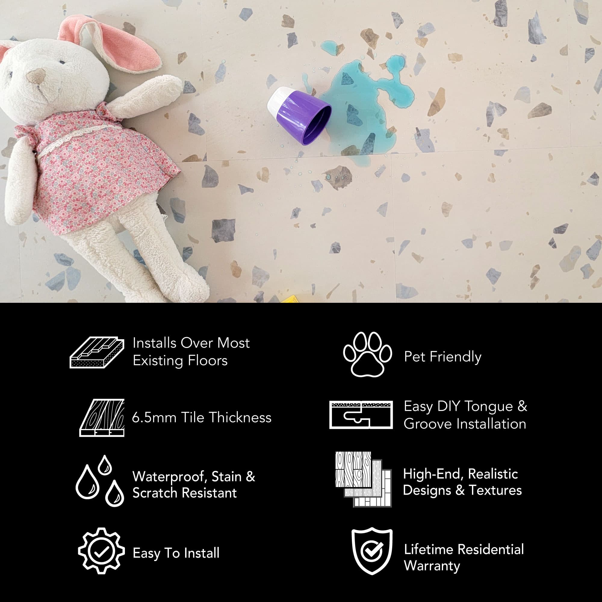 Infographic showing the detailed layers of Allure Ultima Parfait Terrazzo ISOCORE vinyl flooring