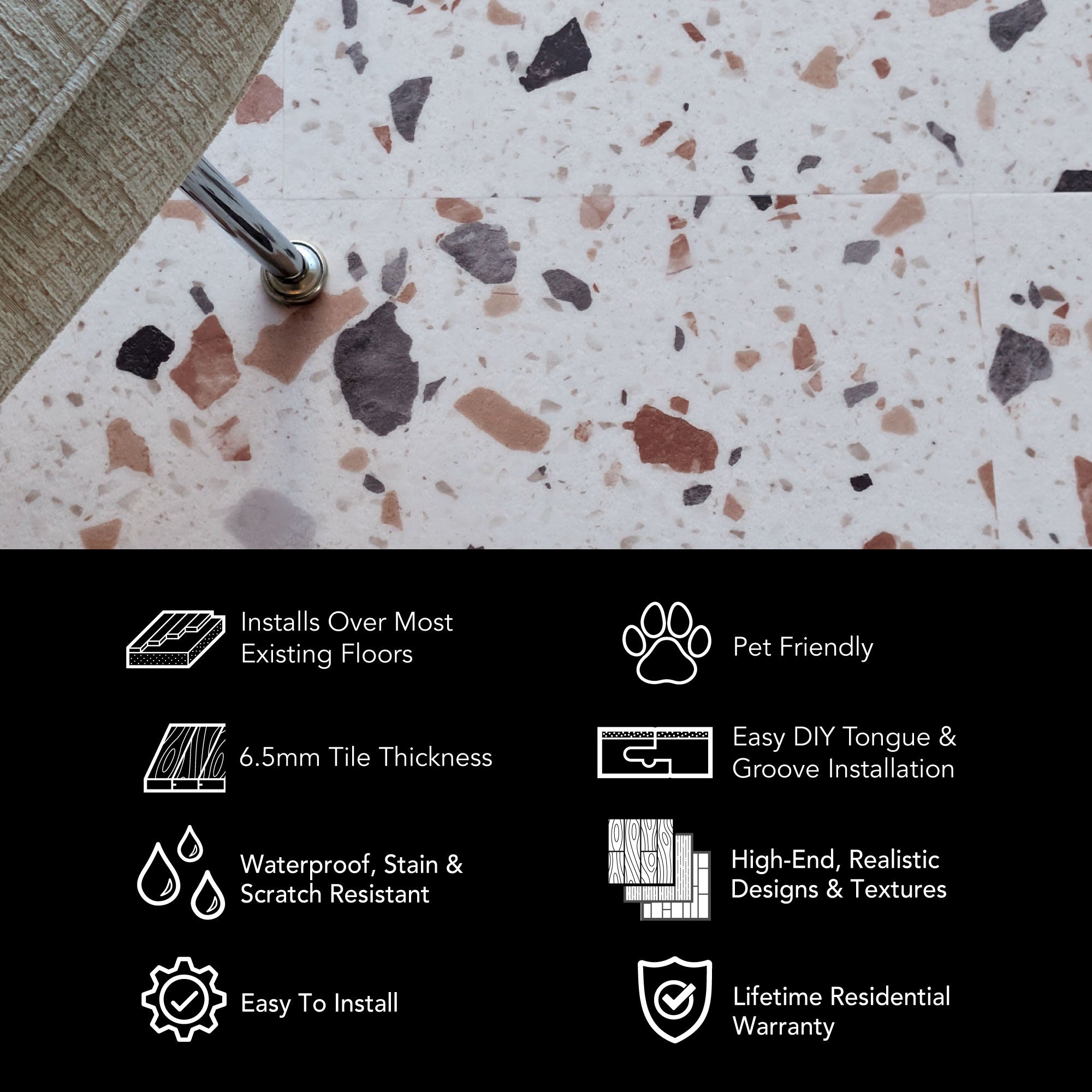 Allure Ultima Blush terrazzo LVT infographic with features and benefits