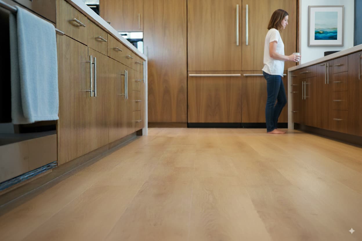 Woman drinking coffee in a luxury kitchen with Allure honey butter oak vinyl plank flooring