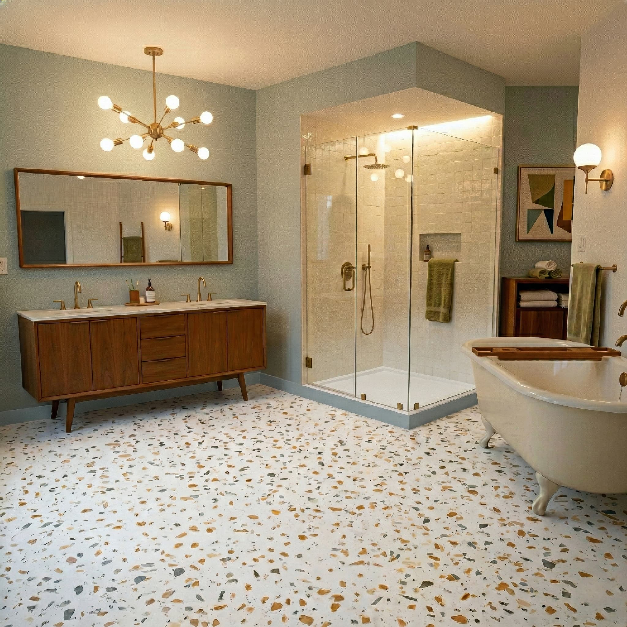 Modern bathroom with freestanding bathtub, shower stall, and wooden vanity.