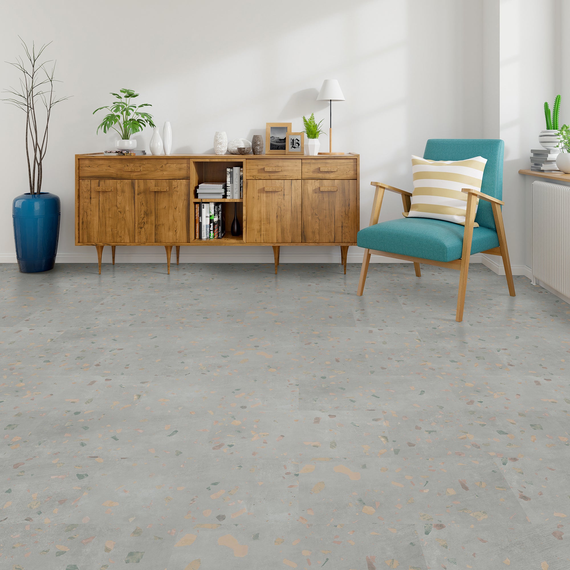 Greenish gray terrazzo vinyl floor with modern furniture