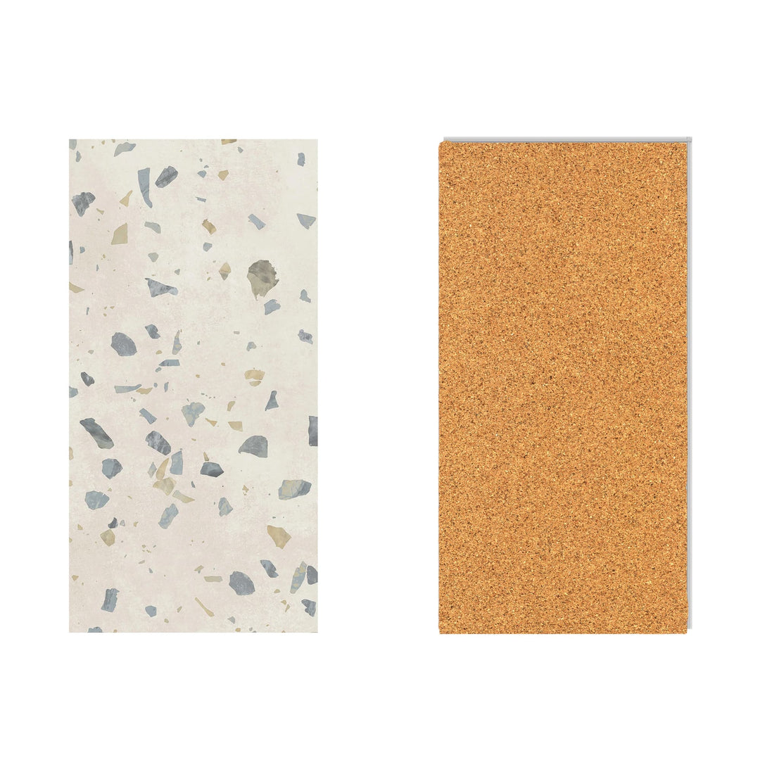 The front view of ultima parfait terrazzo tile and the back view of the pre-attached cork on a white background.