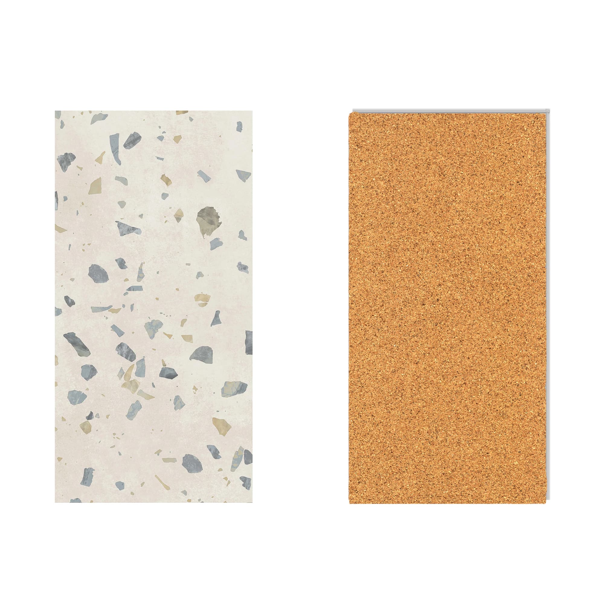 The front view of ultima parfait terrazzo tile and the back view of the pre-attached cork on a white background.
