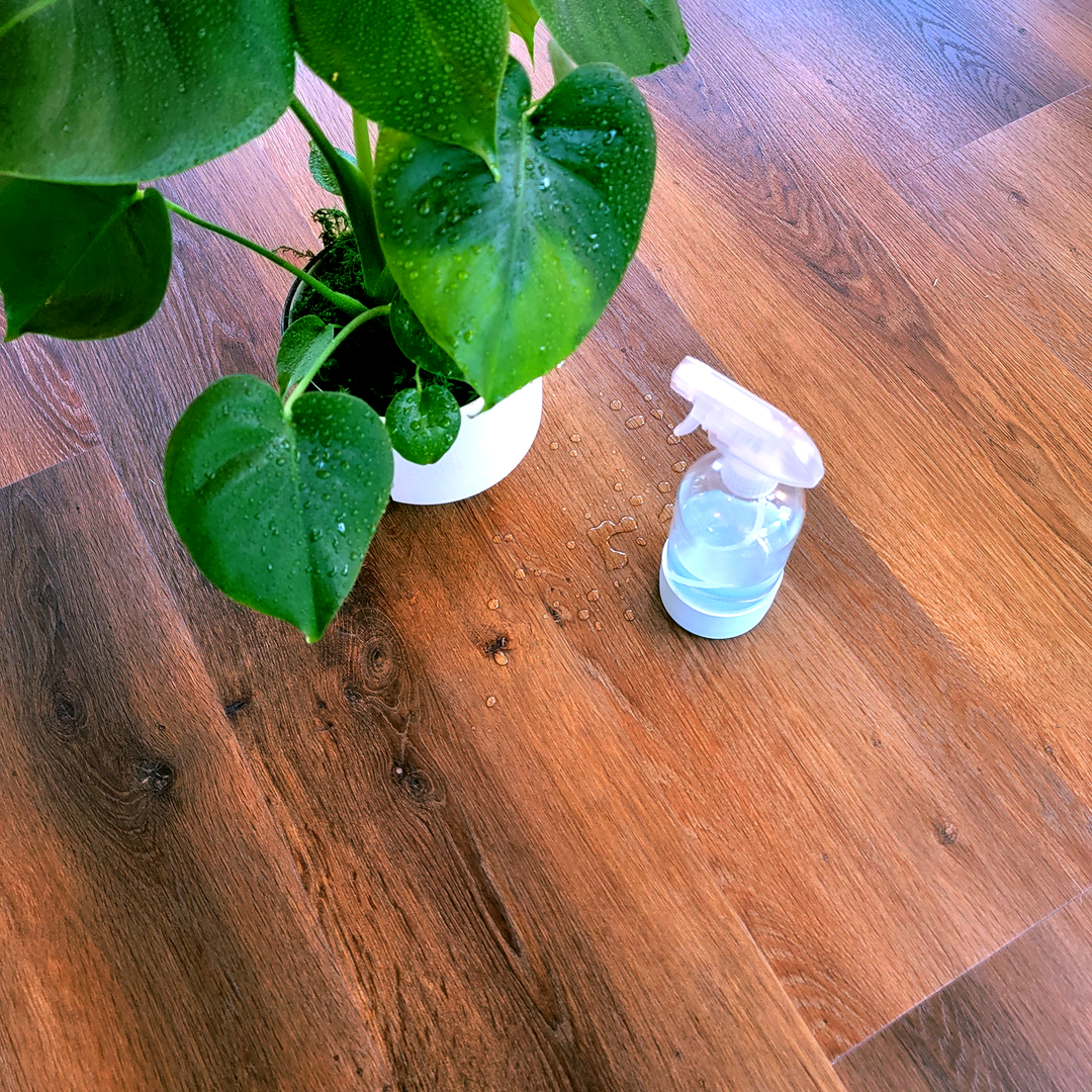 Potted plant on reddish brown Allure luxury vinyl floor with spray bottle