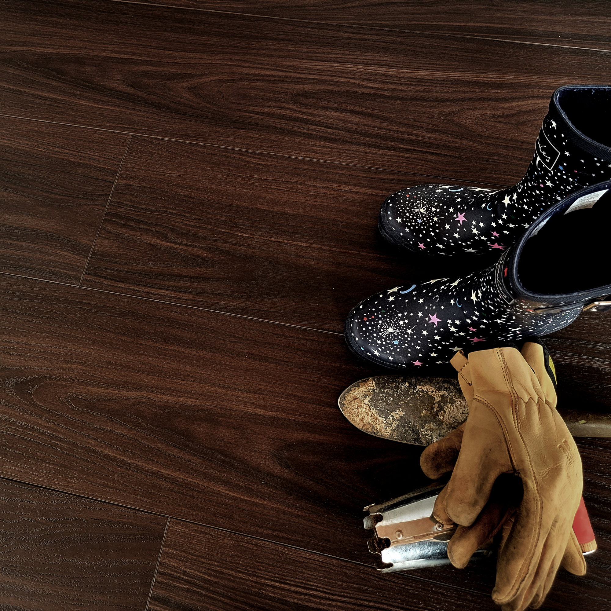 Allure Velvet Mocha LVP with gardening boots and gloves