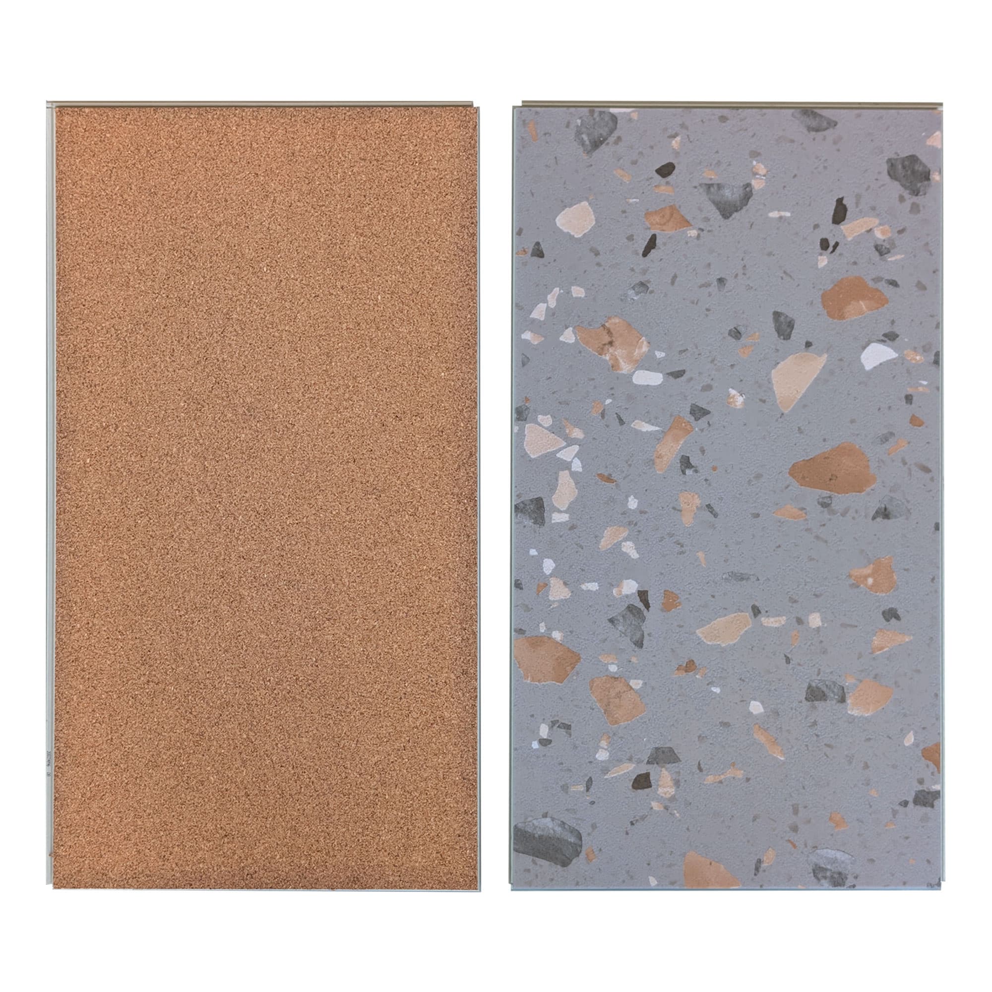 Front and back view of Allure Ultima Peach Pebble Terrazzo vinyl tile flooring