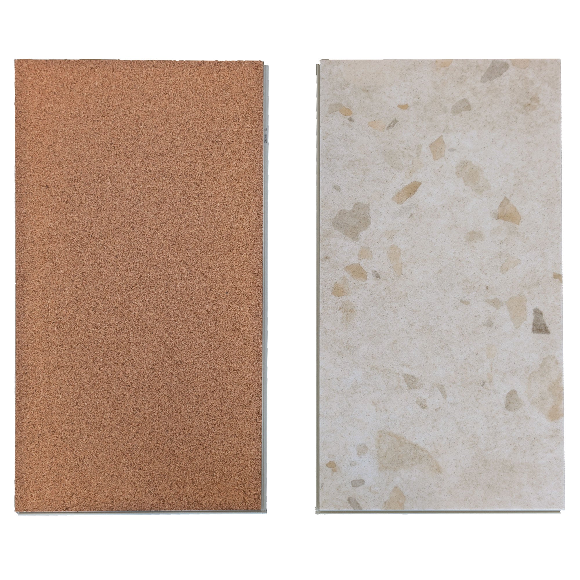 Front and back view of a tile of Allure Colada Concrete LVT with cork backing