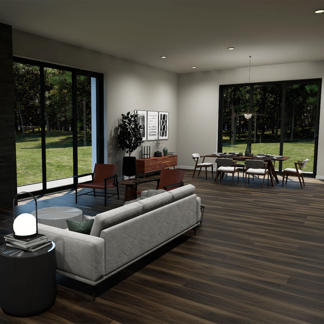 Allure Buckeye Black Walnut Extra Long ISOCORE vinyl flooring installed in a room scene rendering