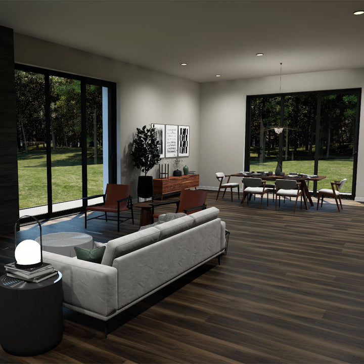 Allure Buckeye Black Walnut Extra Long ISOCORE vinyl flooring installed in a room scene rendering