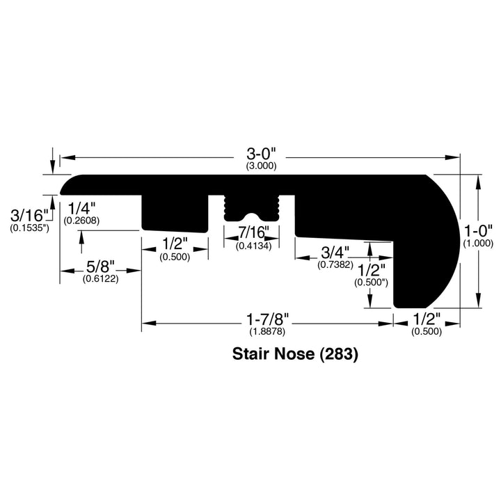 Allure Blueberry Pecan Pine Overlap Rounded Stair Nose profile and dimensions