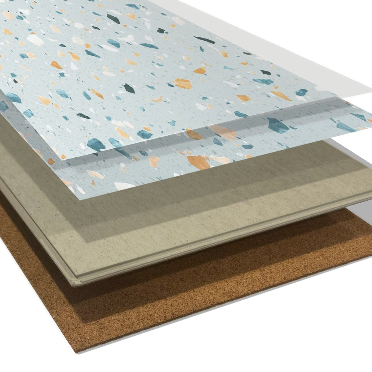 Layers of flooring materials including cork, underlayment, and decorative finish on a white background