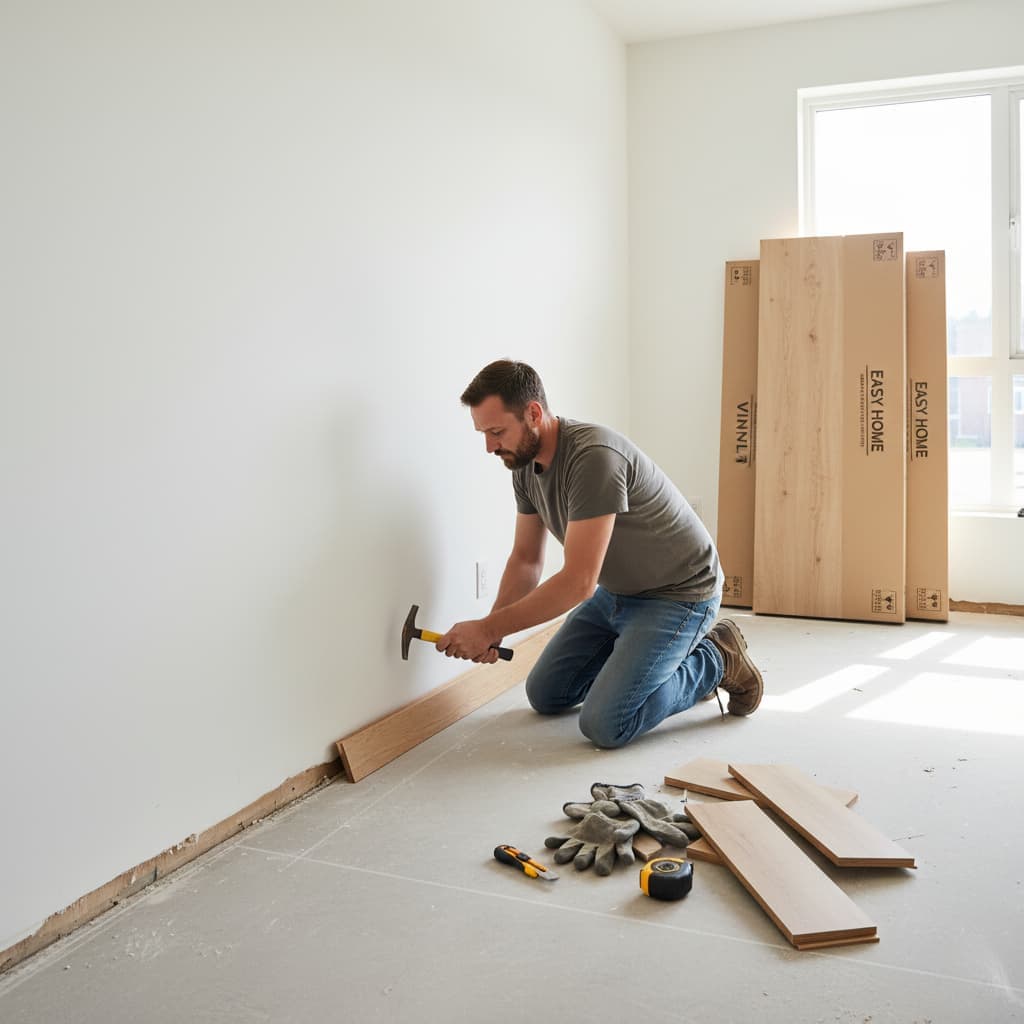Man removing molding from wall surrounded by flooring boxes and planks