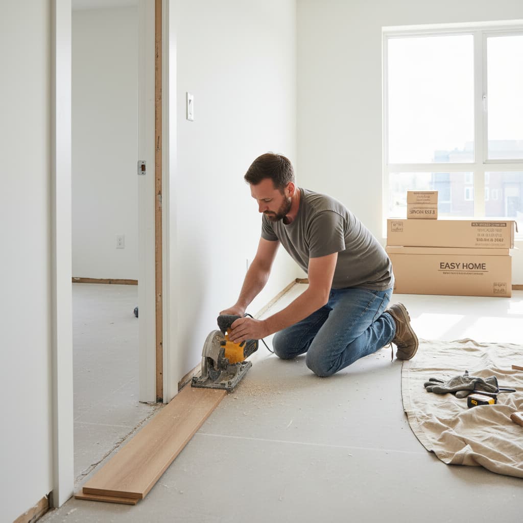 Man using a circular saw to undercut door jam surrounded by power tools