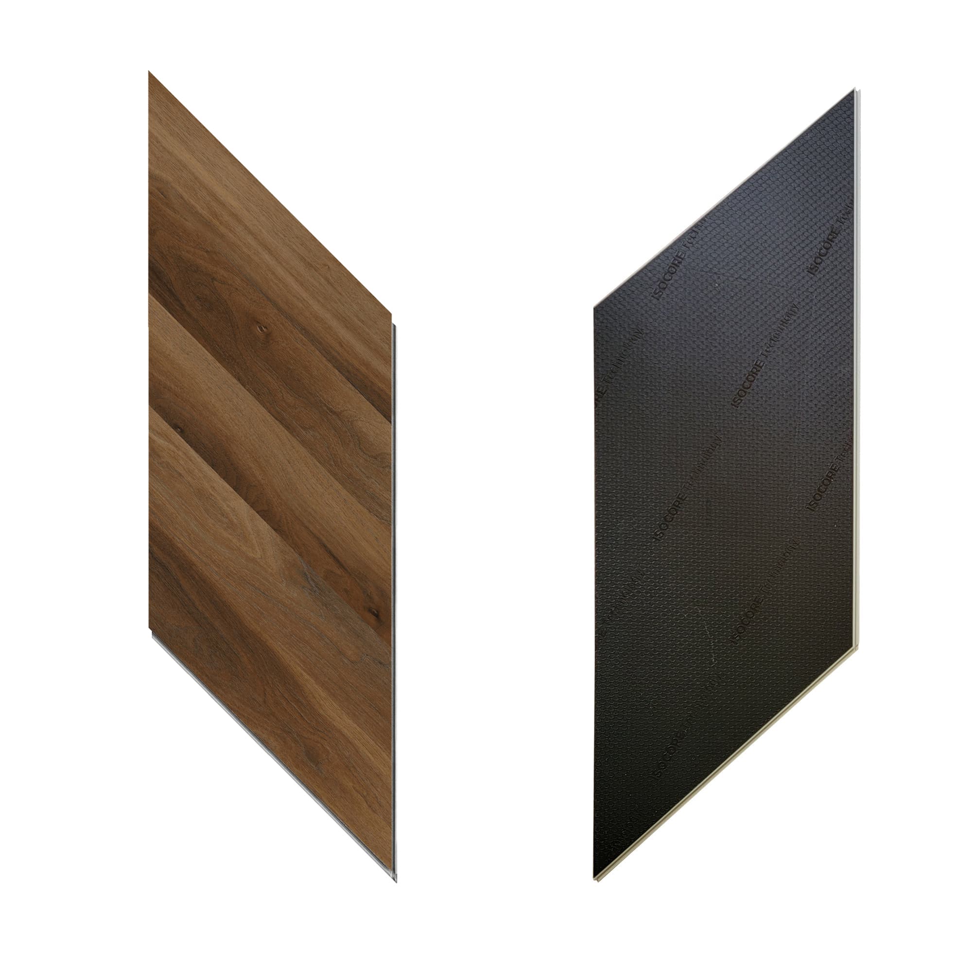 Front and back view of an allure chevron flooring tile in marble cake mahogany color