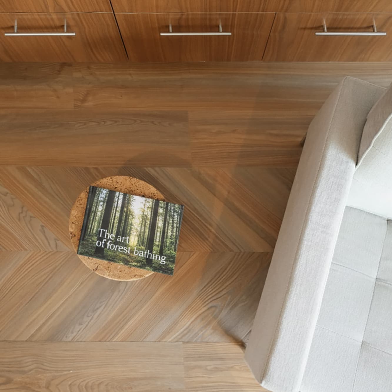 Allure wide plank flooring with chevron in peach crisp pine with a cabinet, side table and white couch