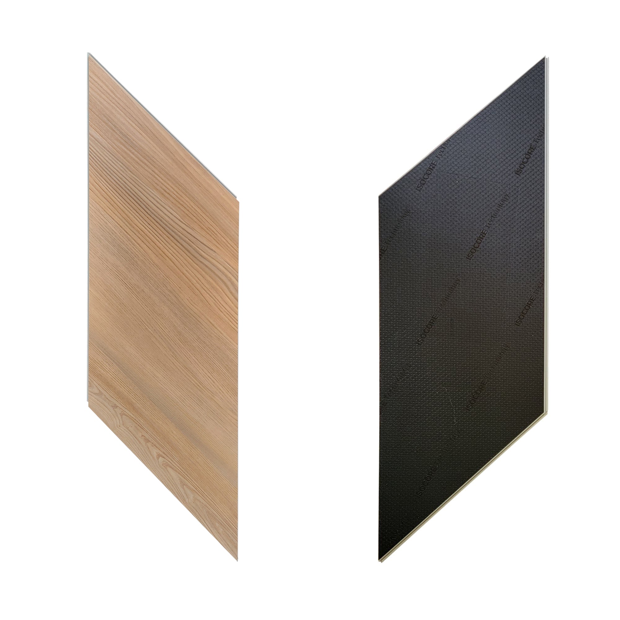 Front and back of an Allure chevron pattern vinyl flooring in peach crisp pine