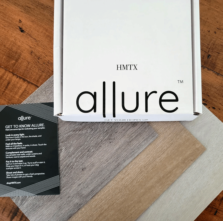 Allure vinyl flooring samples with white box and black insert