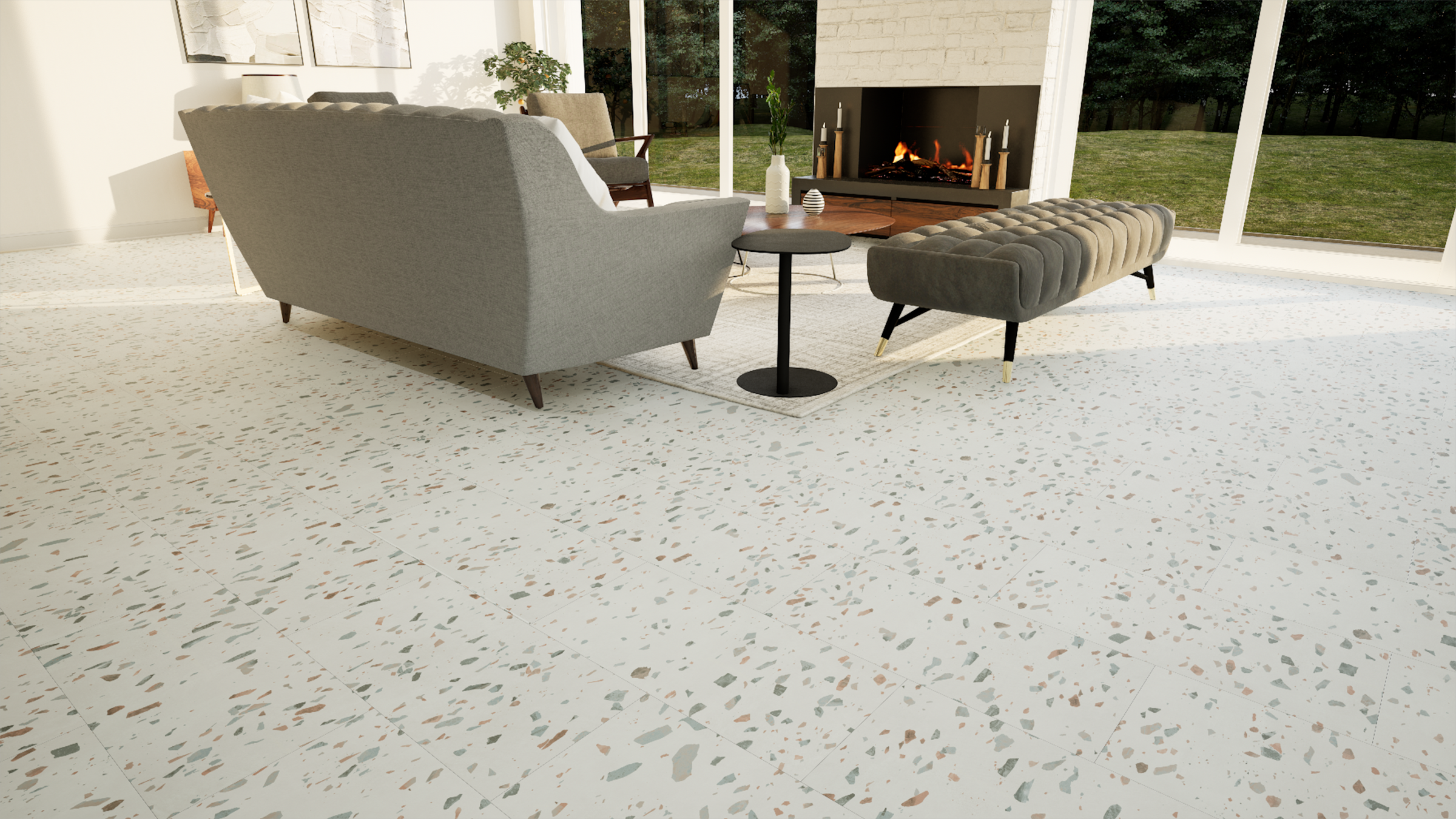Allure Earl Grey Terrazzo flooring in a modern living room with fireplace