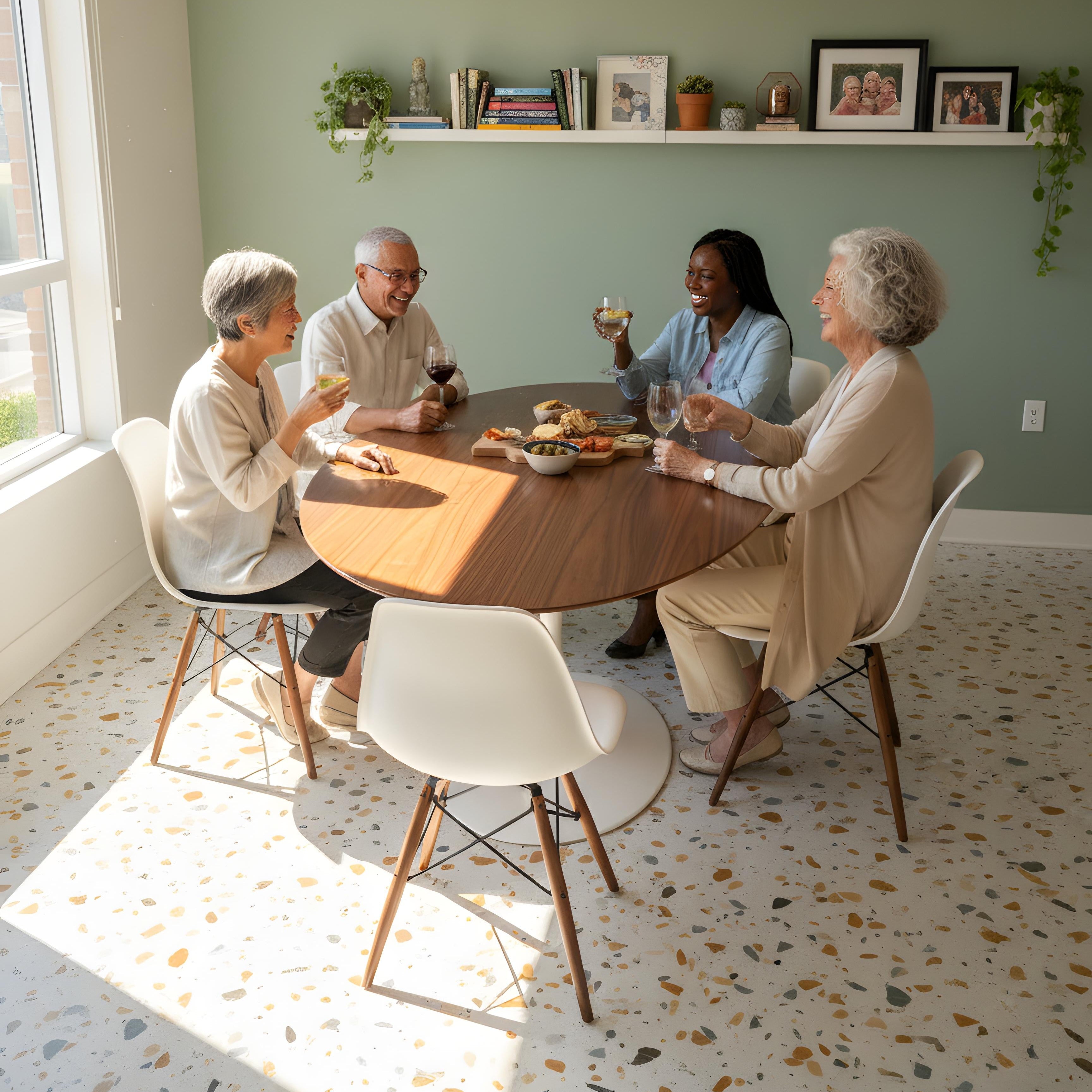 Group of people sitting around a wooden dining table in a bright room with green walls and Allure terrazzo LVT flooring.
