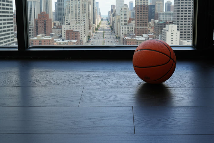 Basketball on a dark wood-look lvp floor with a cityscape view through large windows.