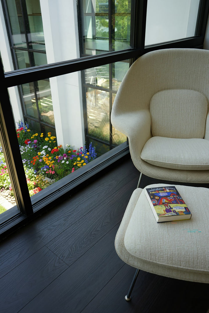 Velvet Mocha Flooring with white chair overlooking a garden