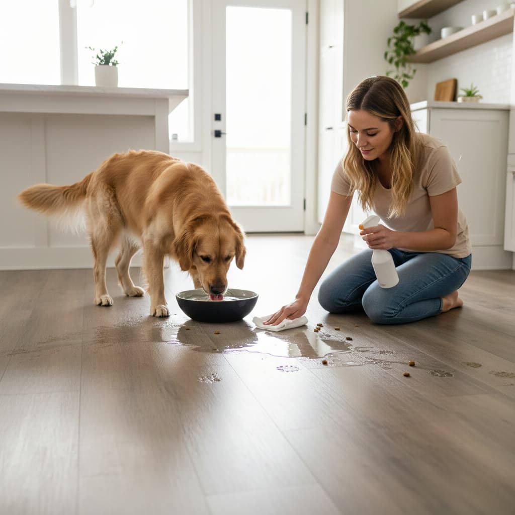 Woman cleaning up a mess on a vinyl floor with a dog drinking from a bowl.