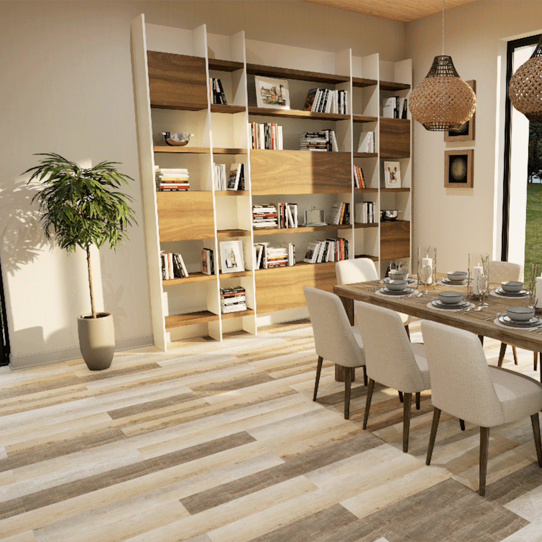 Metroflor Worn Beige Deja New Attraxion Magnetic Vinyl Plank livingroom install