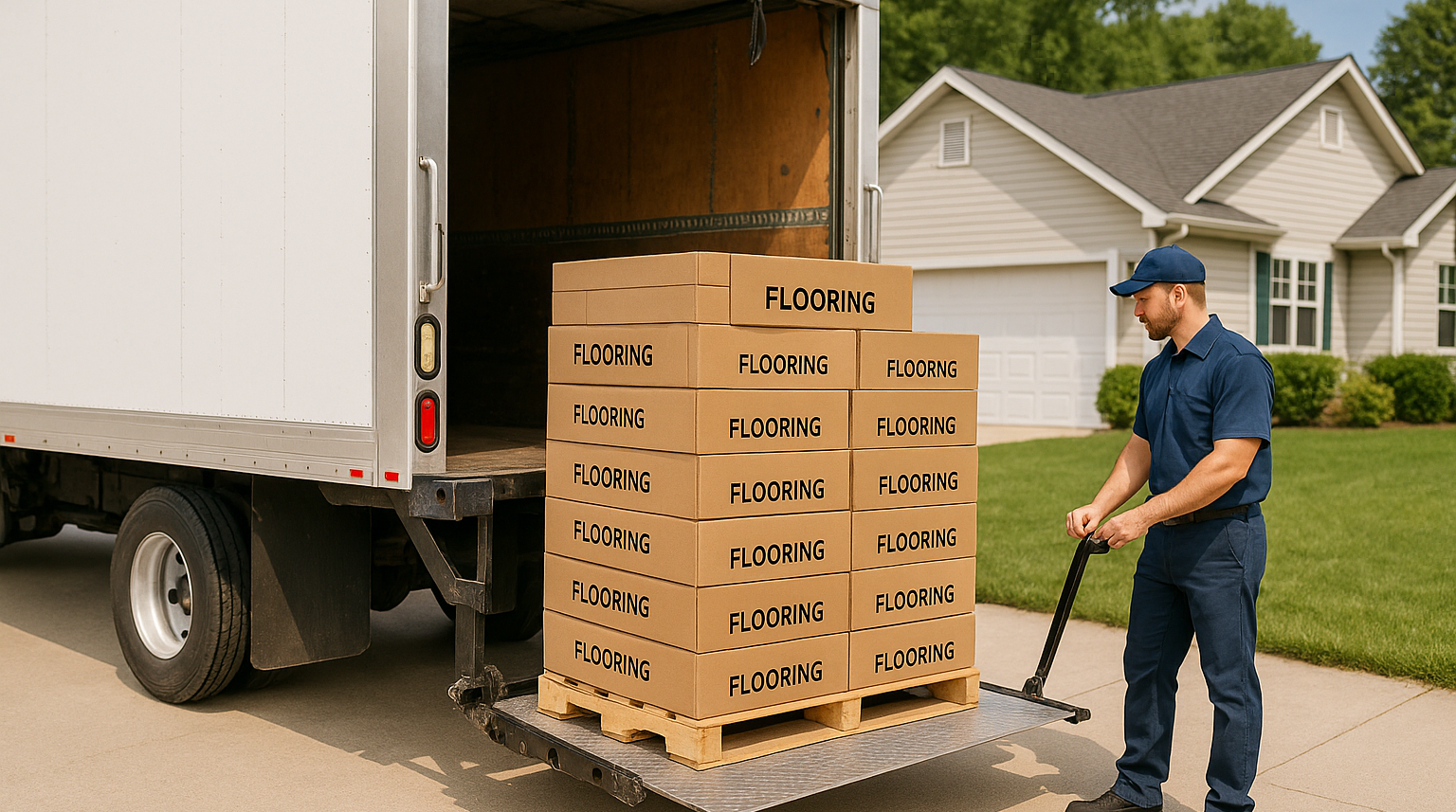 A large truck delivering a pallet of flooring boxes in a residential driveway with a lift gate. The driver is operating the lift gate lowering it with the pallet to the ground