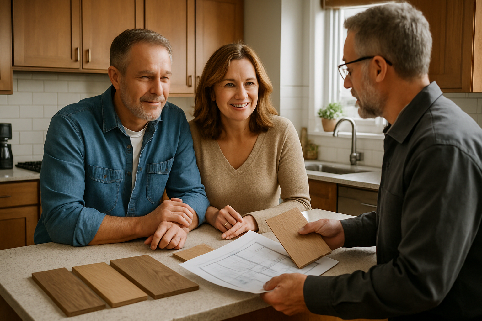 A man and women in their late forties talk to a contractor in their kitchen to plan their new flooring project
