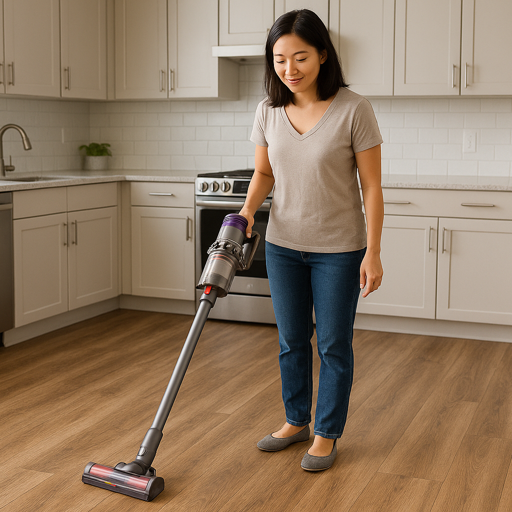 A mid-thirties Asian woman using a stick vacuum to clean her vinyl flooring in the kitchen