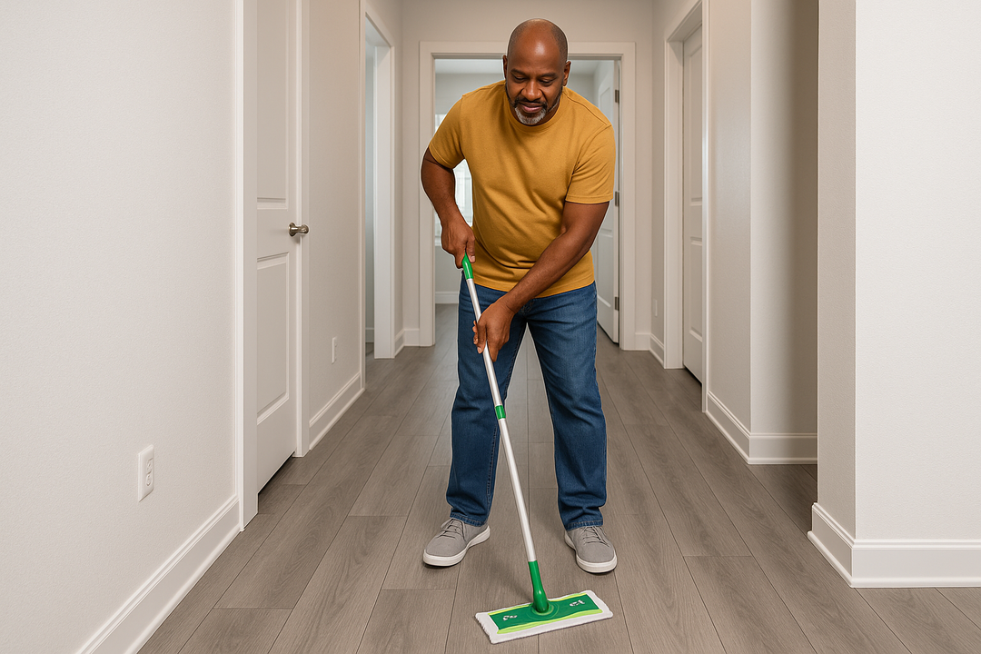 A middle aged black man using a swiffer mop to clean gray vinyl plank flooring in his homes hallway