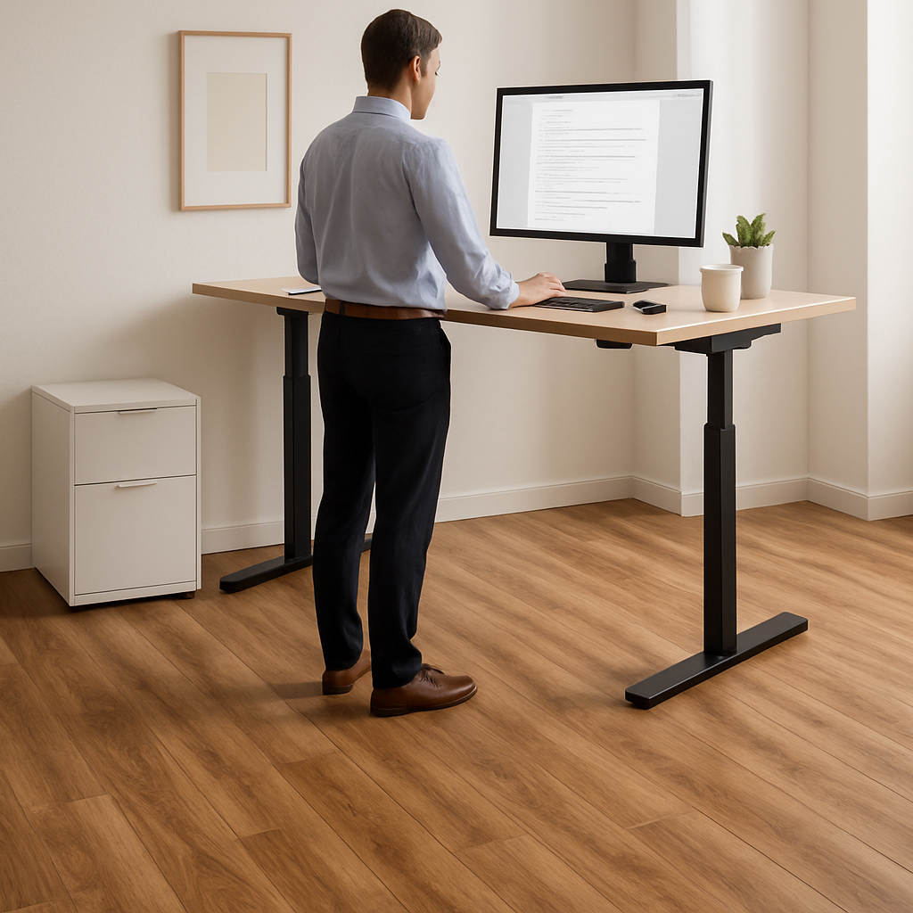 A view of a person standing a desk working on a computer while standing on wood look vinyl flooring