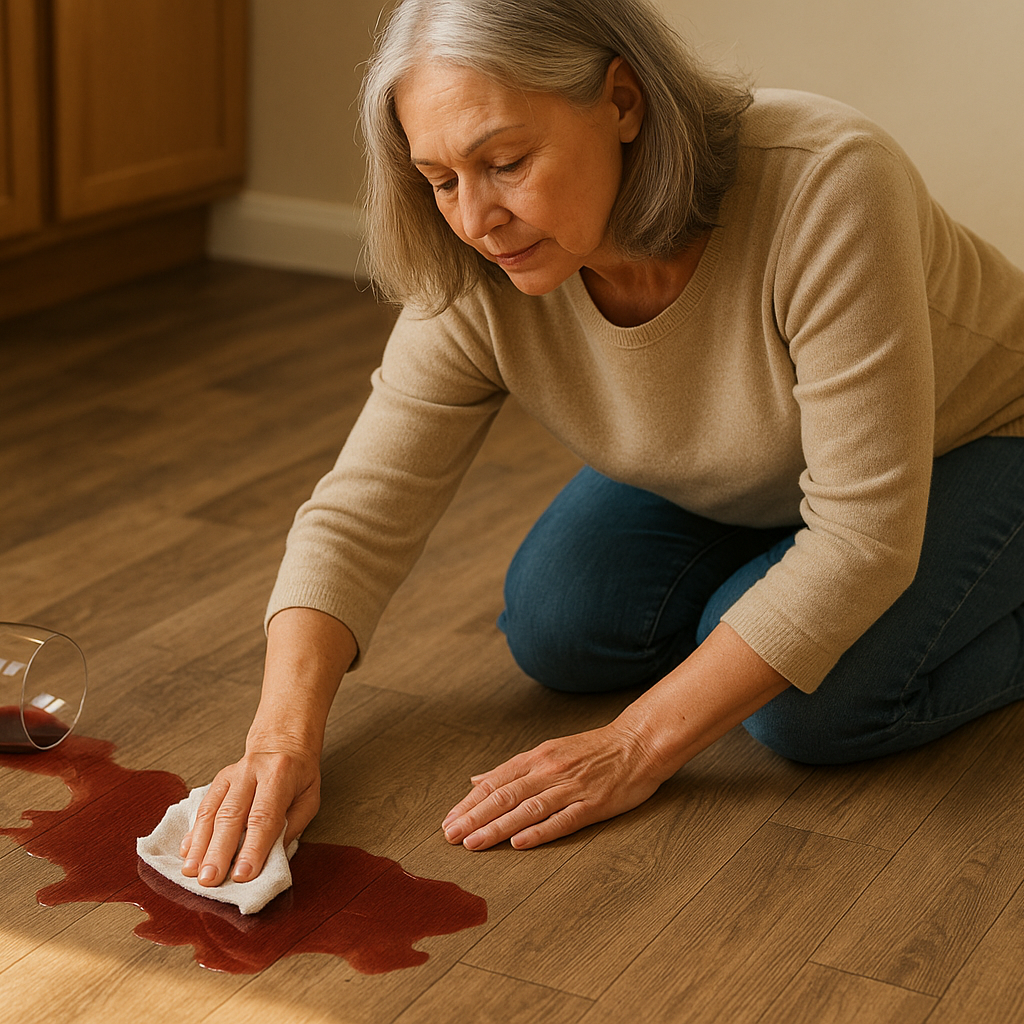 An older woman cleaning up spilled wine on vinyl flooring