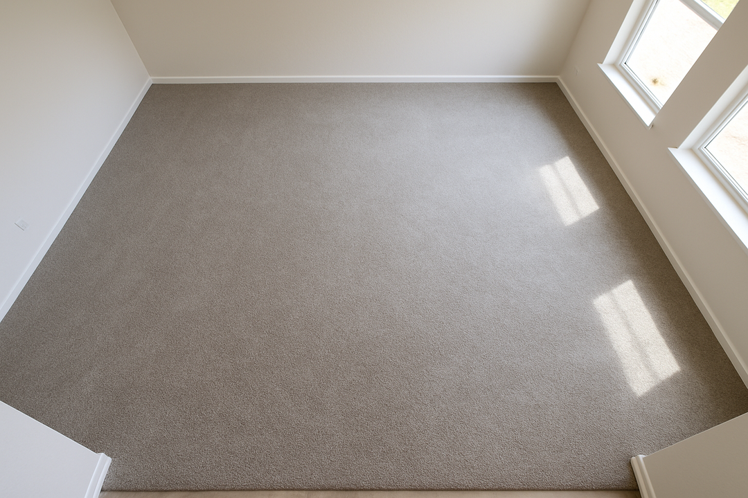 Carpeted living room shown from above with no furniture
