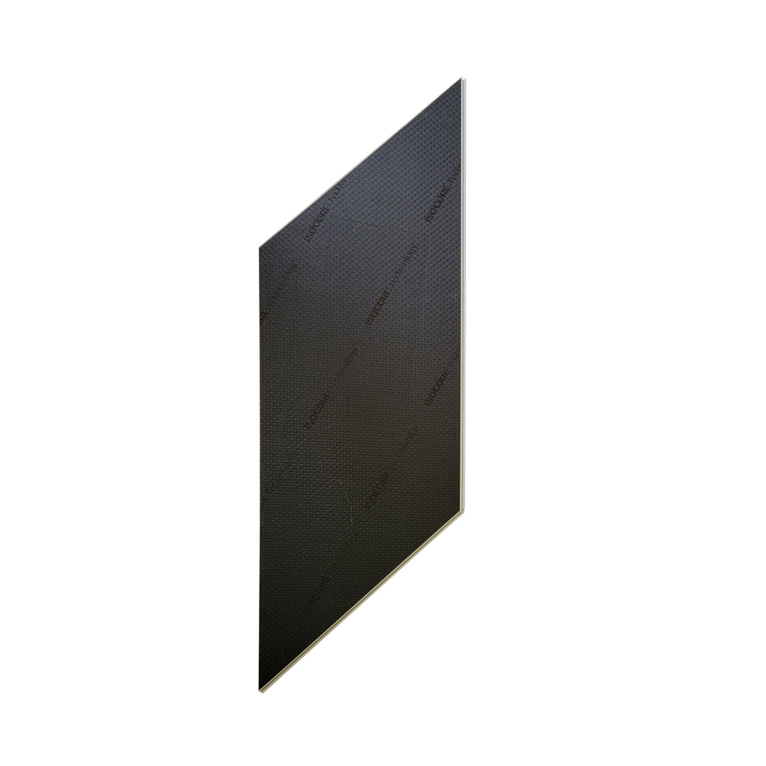 Close-up view of the back of a chevron vinyl plank, showcasing its textured surface and intricate design patterns, emphasizing durability and stability. The material appears robust and ready for installation, highlighting its quality as a flooring option.