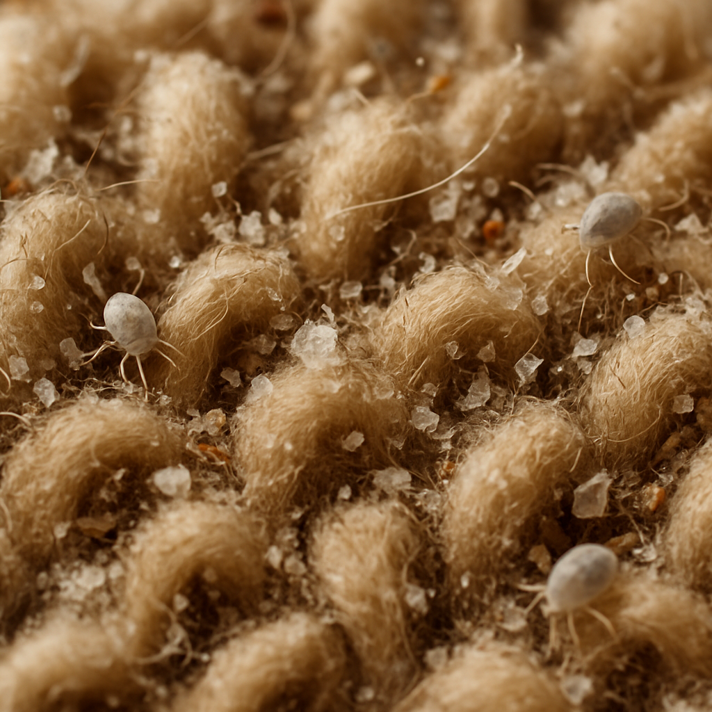 Close up of carpeting with dust and dander particles